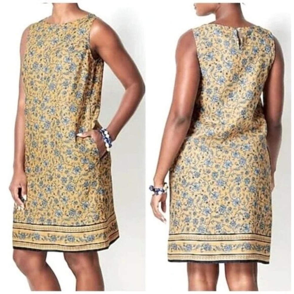 J. Jill Love Linen Yellow Blue Floral Sleeveless Shift Dress Womens XS RN97641‎
